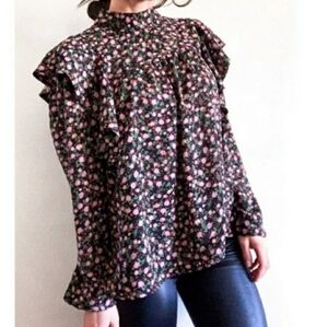 NWT Wayf black and pink disty floral high neck ruffle whimsigoth  blouse